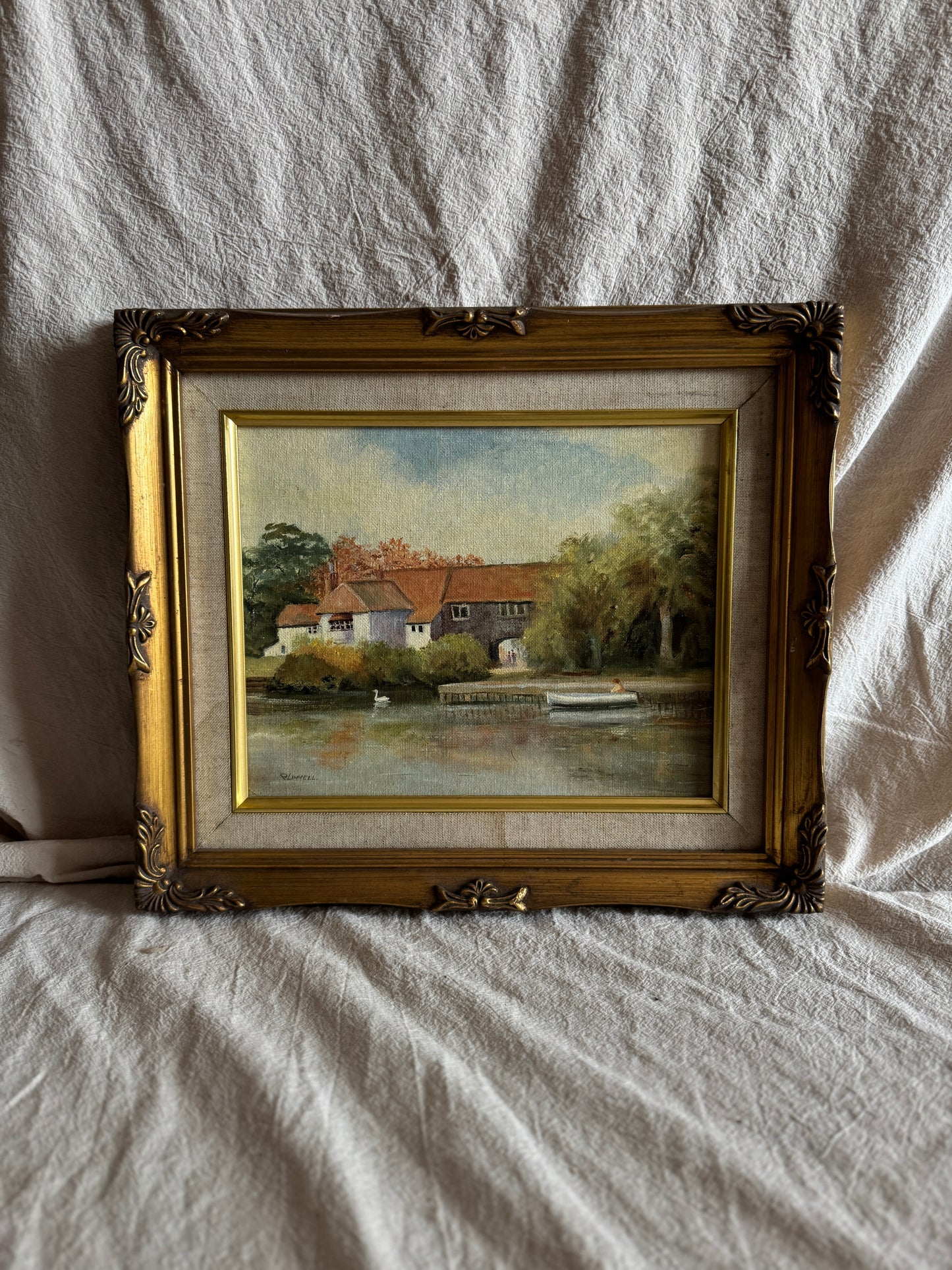 Vintage Country Village Oil Painting | Signed Linnel Landscape Art