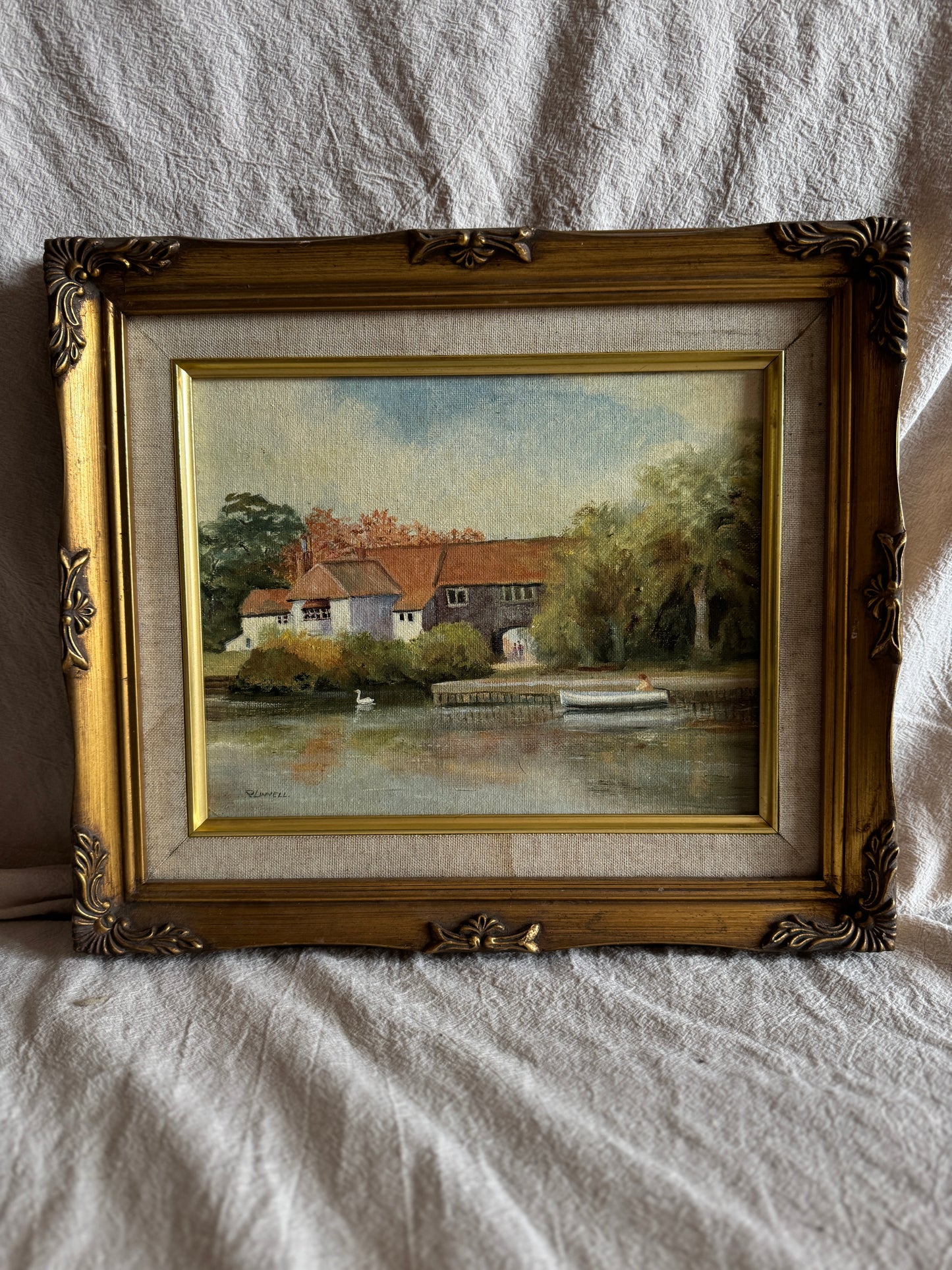 Vintage Country Village Oil Painting | Signed Linnel Landscape Art