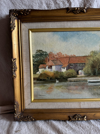 Vintage Country Village Oil Painting | Signed Linnel Landscape Art