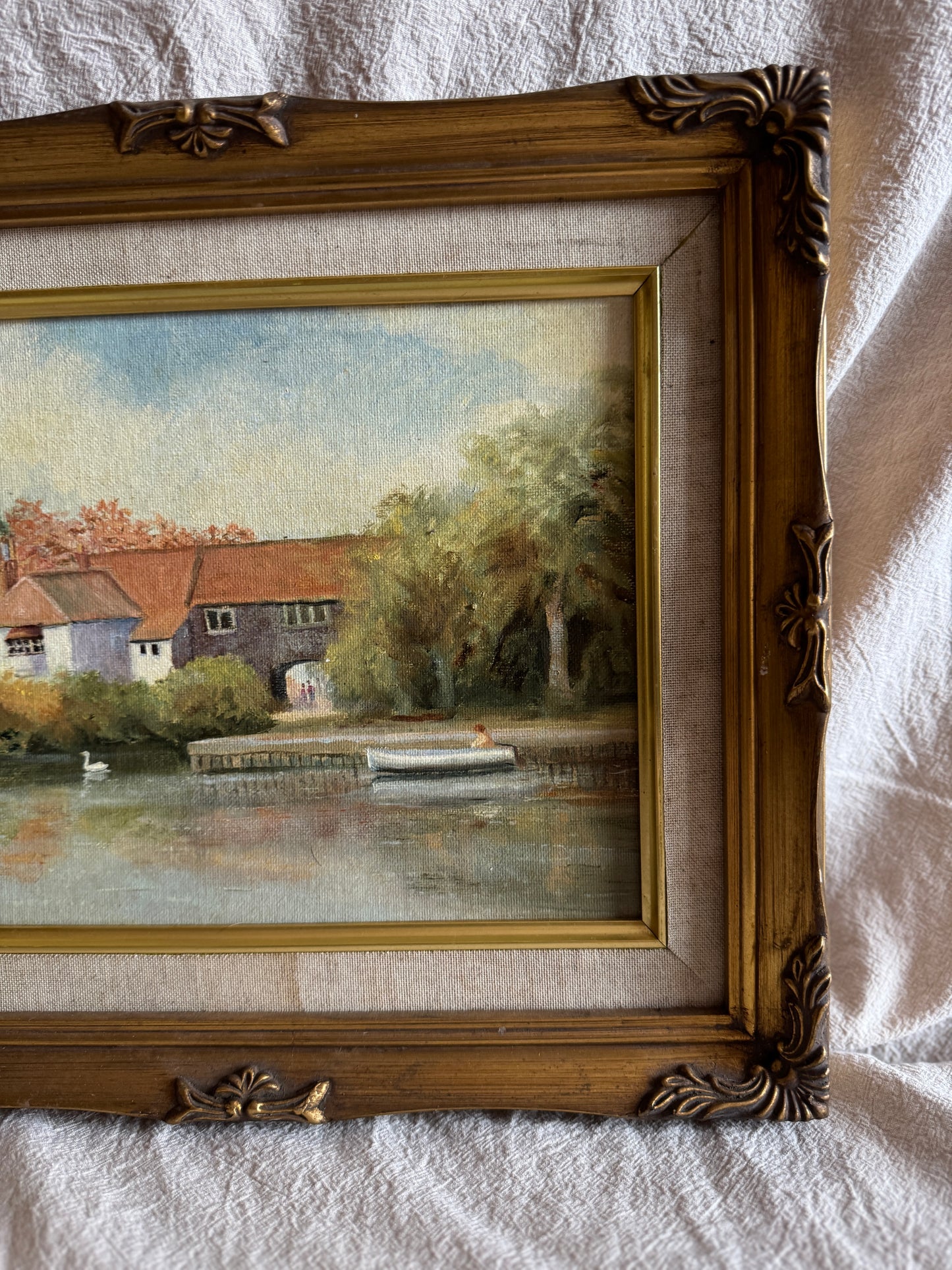 Vintage Country Village Oil Painting | Signed Linnel Landscape Art