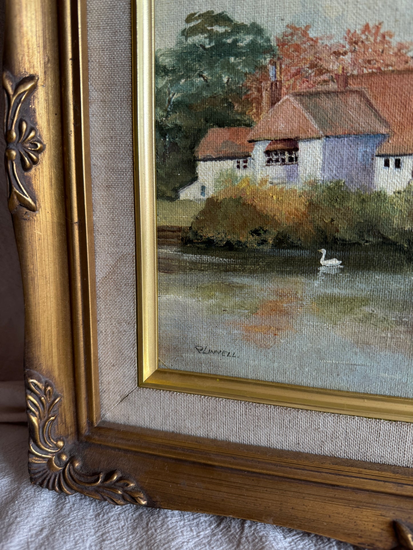 Vintage Country Village Oil Painting | Signed Linnel Landscape Art