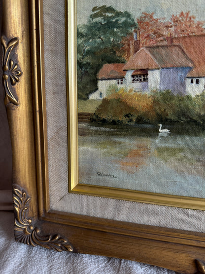Vintage Country Village Oil Painting | Signed Linnel Landscape Art