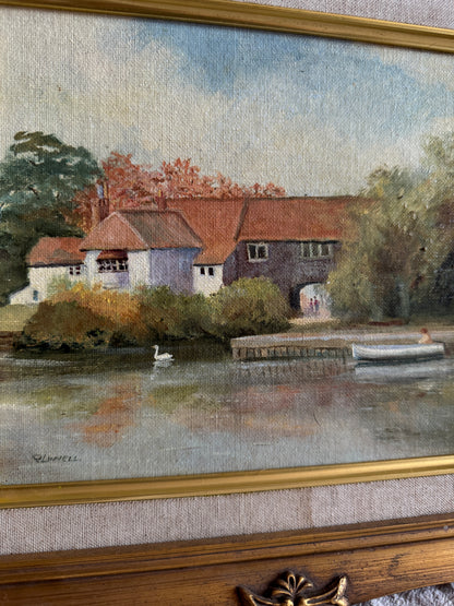 Vintage Country Village Oil Painting | Signed Linnel Landscape Art