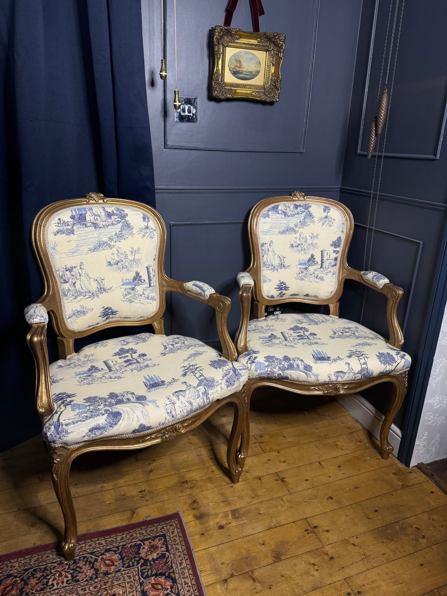 French Louis XV Gilt Blue Toile De Jouy Fabric Armchairs (Pair)