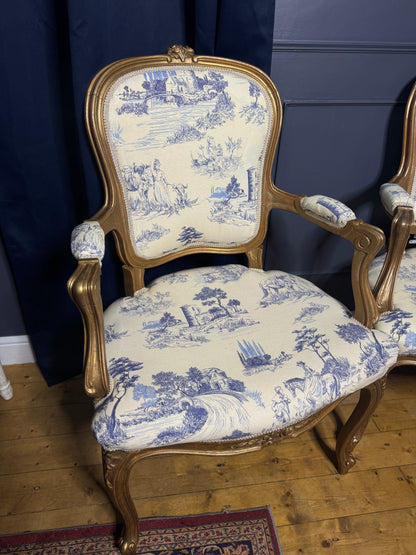 French Louis XV Gilt Blue Toile De Jouy Fabric Armchairs (Pair)