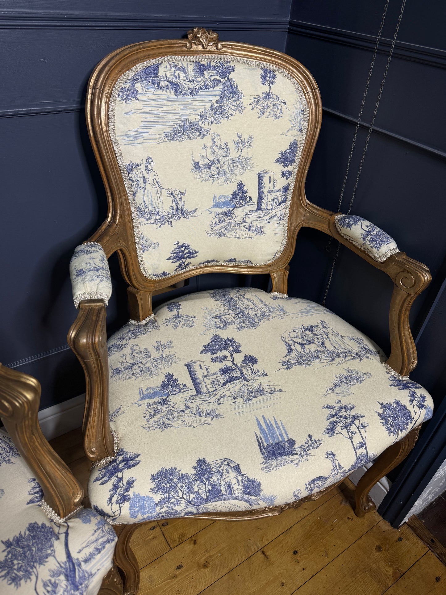 French Louis XV Gilt Blue Toile De Jouy Fabric Armchairs (Pair)