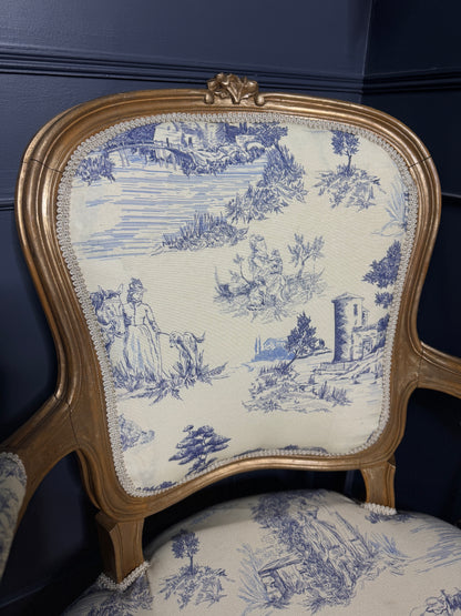 French Louis XV Gilt Blue Toile De Jouy Fabric Armchairs (Pair)