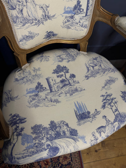 French Louis XV Gilt Blue Toile De Jouy Fabric Armchairs (Pair)
