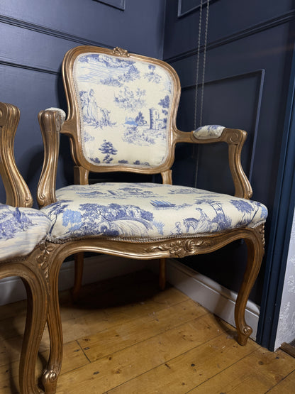 French Louis XV Gilt Blue Toile De Jouy Fabric Armchairs (Pair)
