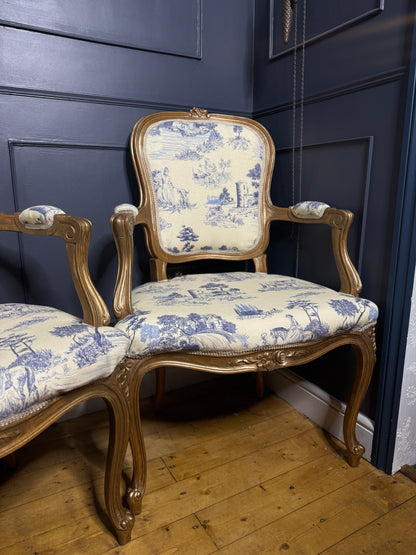 French Louis XV Gilt Blue Toile De Jouy Fabric Armchairs (Pair)