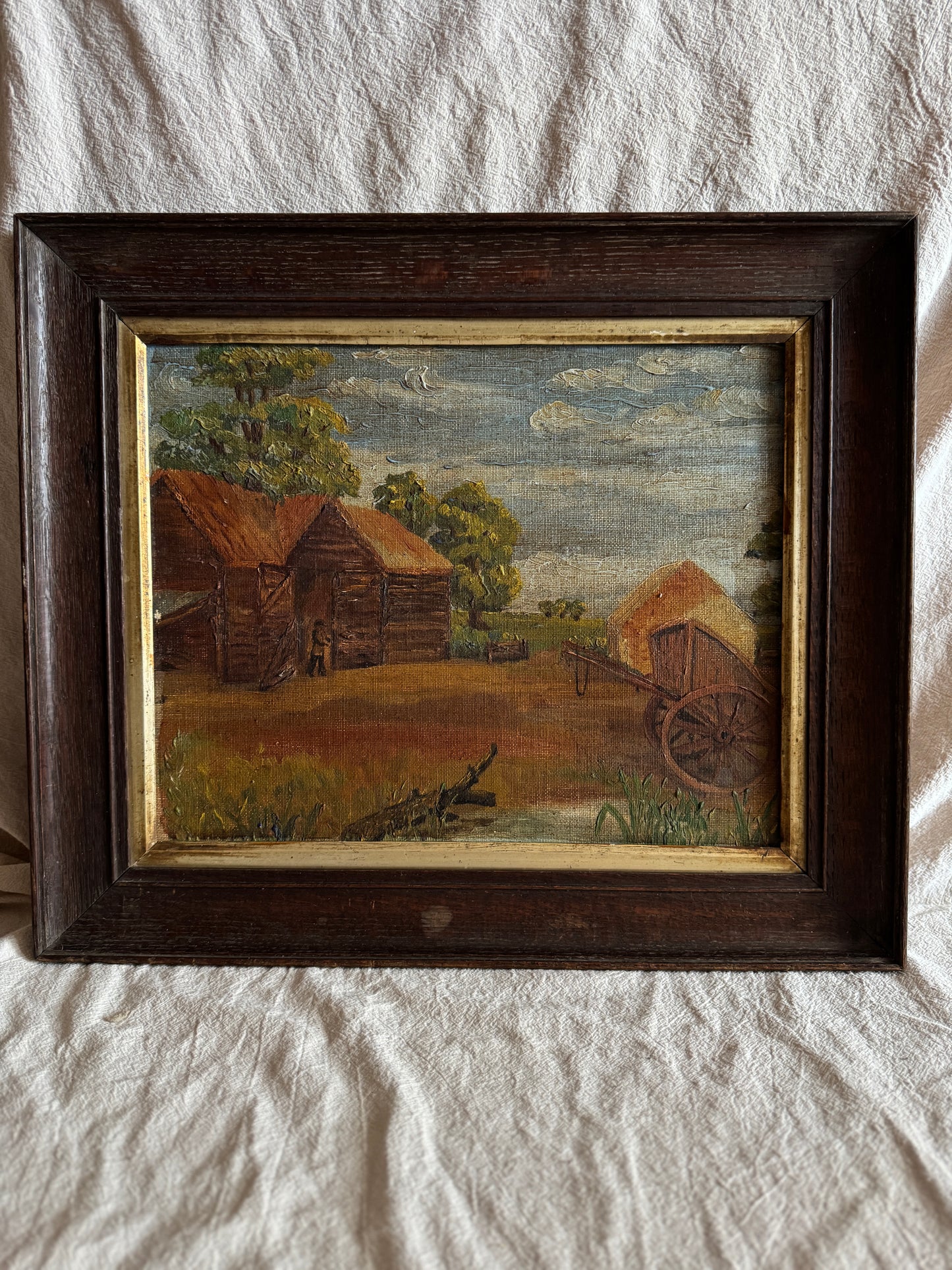 Antique Rustic Farm Landscape Oil Painting (c.1926–1930) – Hay Cart & Pond Scene – Double Framed