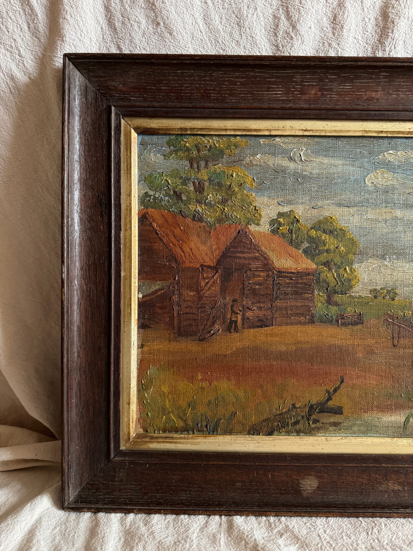 Antique Rustic Farm Landscape Oil Painting (c.1926–1930) – Hay Cart & Pond Scene – Double Framed