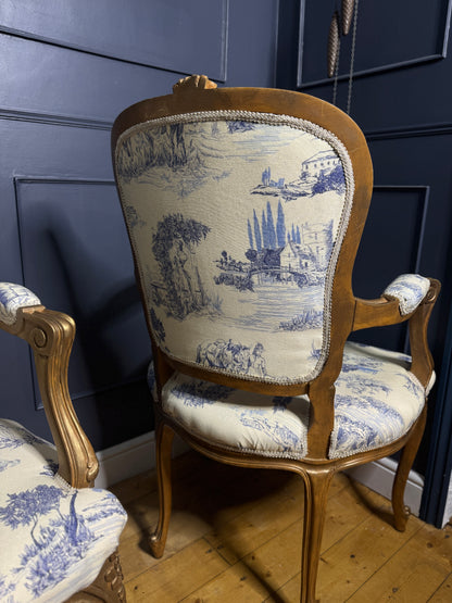 French Louis XV Gilt Blue Toile De Jouy Fabric Armchairs (Pair)