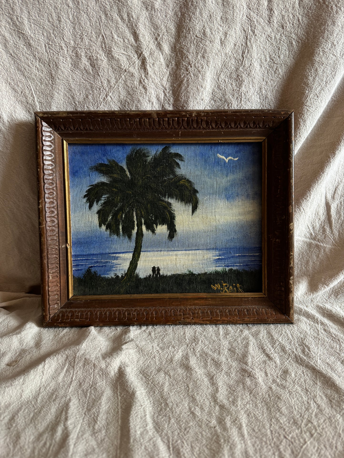 Vintage Highwaymen-Style Oil Painting – Signed Florida Landscape – Moonlit Palm Scene in Rustic Wood Frame