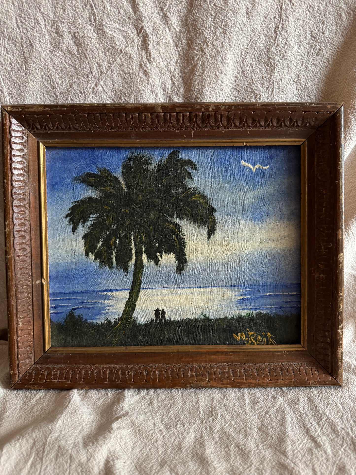 Vintage Highwaymen-Style Oil Painting – Signed Florida Landscape – Moonlit Palm Scene in Rustic Wood Frame
