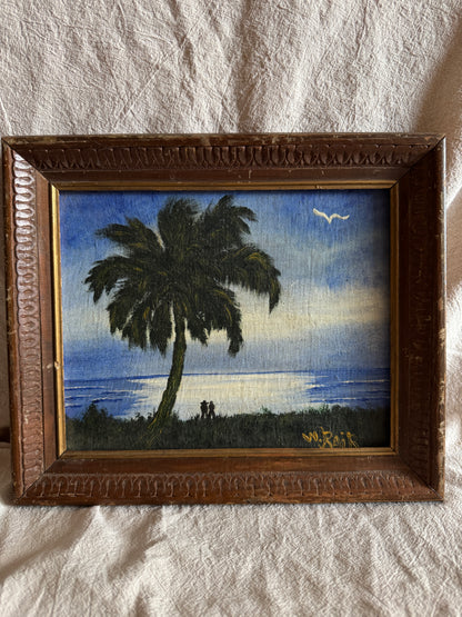 Vintage Highwaymen-Style Oil Painting – Signed Florida Landscape – Moonlit Palm Scene in Rustic Wood Frame
