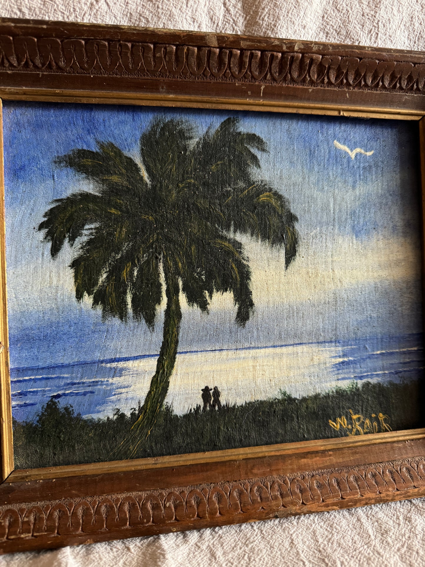 Vintage Highwaymen-Style Oil Painting – Signed Florida Landscape – Moonlit Palm Scene in Rustic Wood Frame