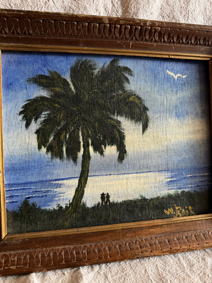 Vintage Highwaymen-Style Oil Painting – Signed Florida Landscape – Moonlit Palm Scene in Rustic Wood Frame