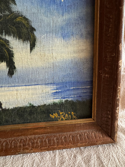 Vintage Highwaymen-Style Oil Painting – Signed Florida Landscape – Moonlit Palm Scene in Rustic Wood Frame