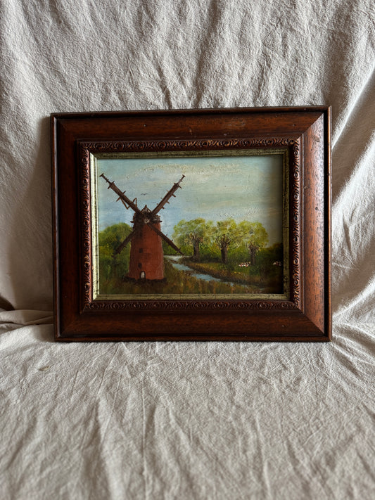Vintage Oil Painting Windmill Landscape – Rural River Mill Scene