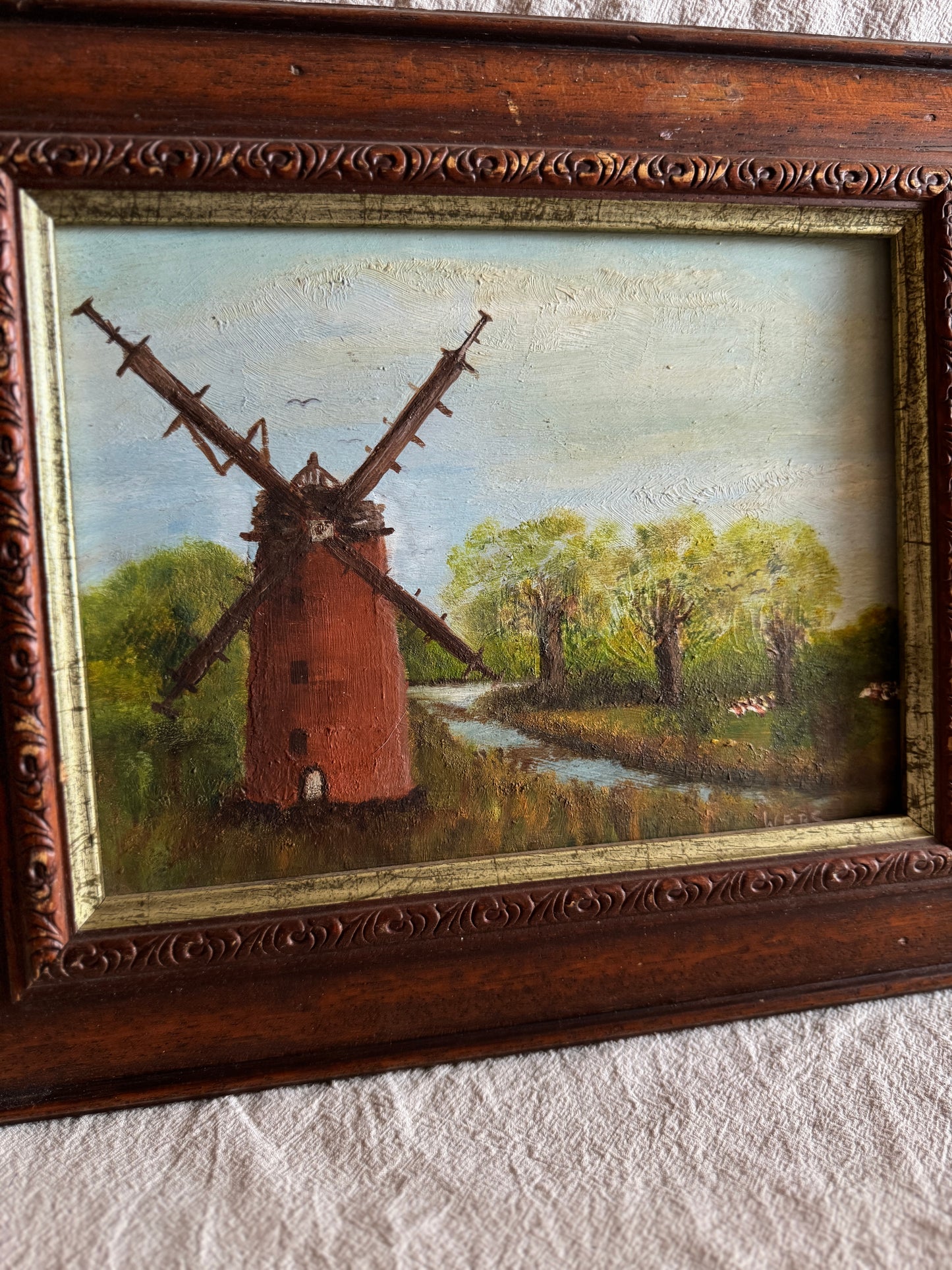 Vintage Oil Painting Windmill Landscape – Rural River Mill Scene