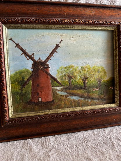 Vintage Oil Painting Windmill Landscape – Rural River Mill Scene