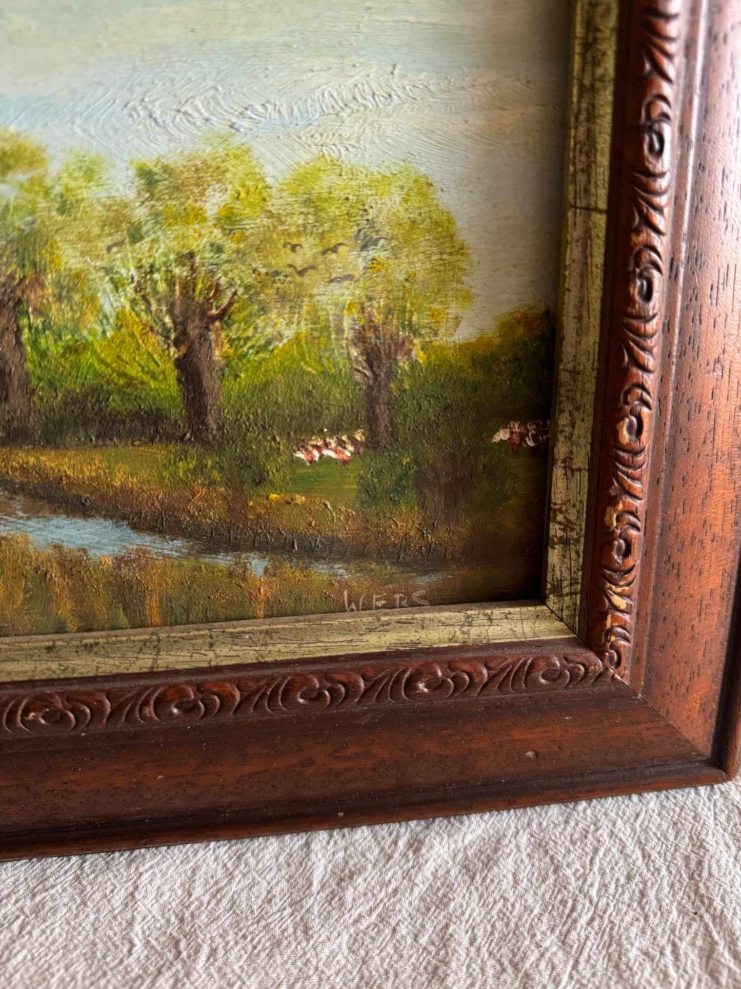 Vintage Oil Painting Windmill Landscape – Rural River Mill Scene