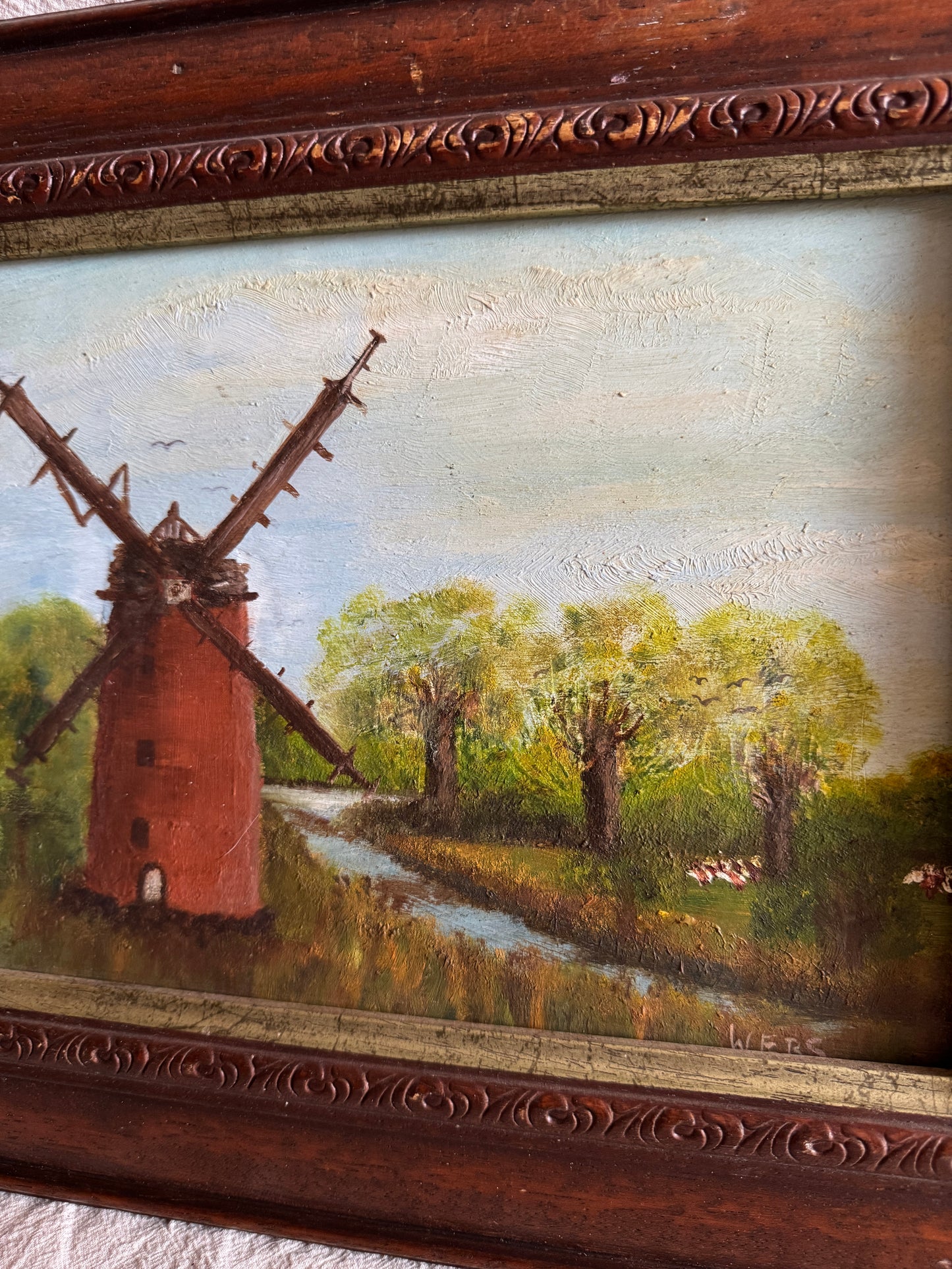 Vintage Oil Painting Windmill Landscape – Rural River Mill Scene