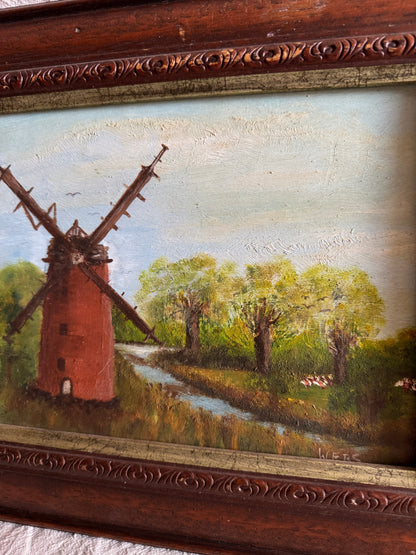 Vintage Oil Painting Windmill Landscape – Rural River Mill Scene