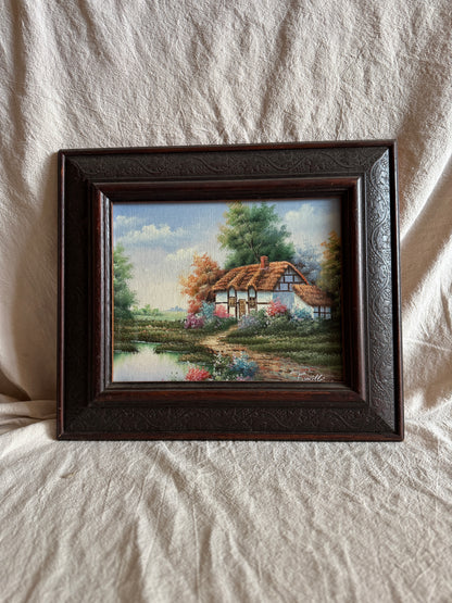 Vintage English Country Cottage Oil Painting – Rustic Framed Landscape