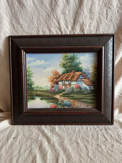 Vintage English Country Cottage Oil Painting – Rustic Framed Landscape