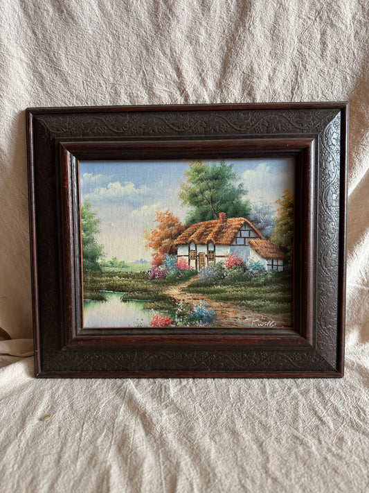 Vintage English Country Cottage Oil Painting – Rustic Framed Landscape