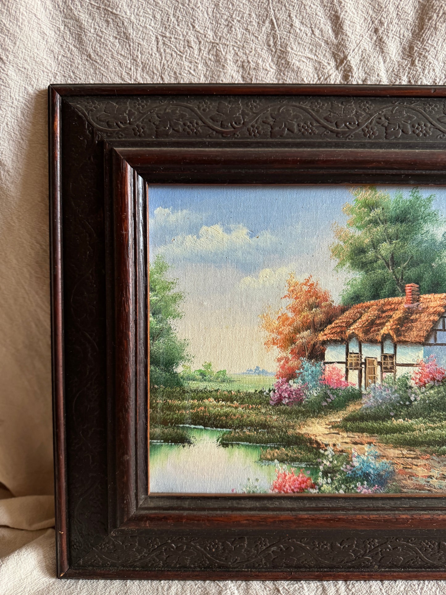 Vintage English Country Cottage Oil Painting – Rustic Framed Landscape