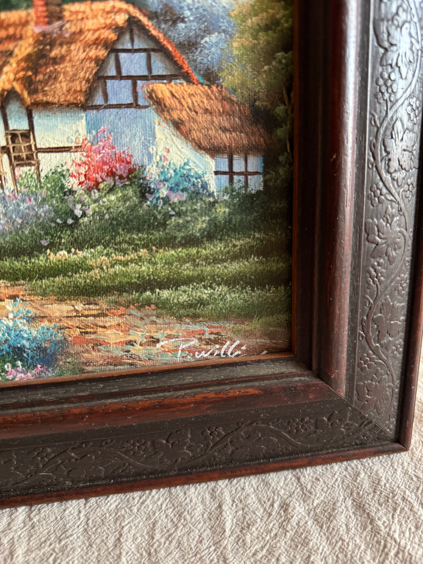 Vintage English Country Cottage Oil Painting – Rustic Framed Landscape