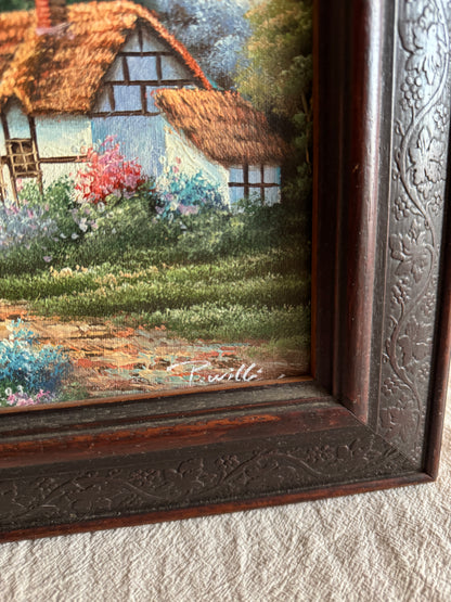 Vintage English Country Cottage Oil Painting – Rustic Framed Landscape