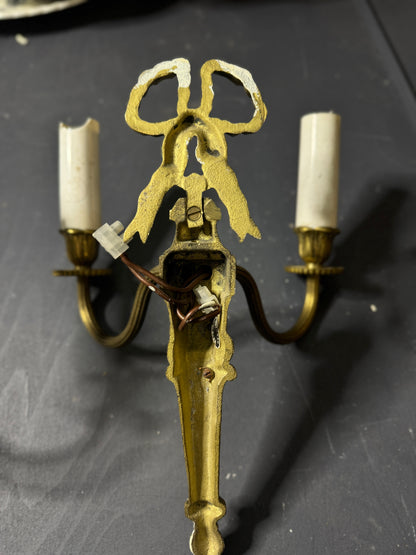 Early 20th Century Louis XVI–Style Brass Two-Arm Wall Light with Ribbon Detail