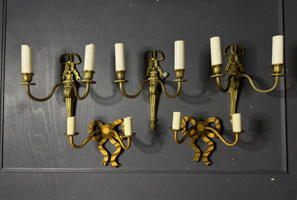 Early 20th Century Louis XVI–Style Brass Two-Arm Wall Light with Ribbon Detail