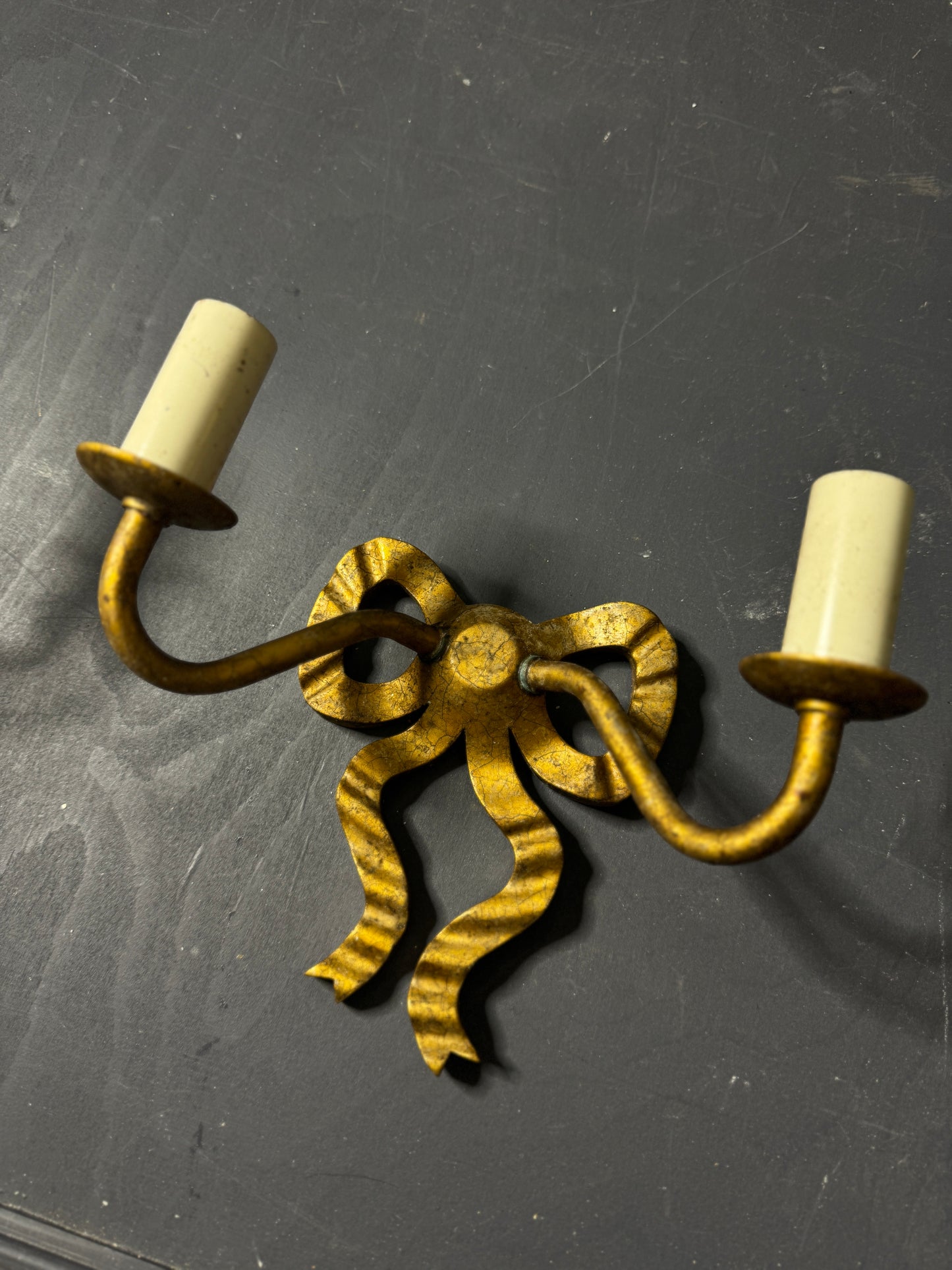 Early 20th Century Louis XVI–Style Wooden & Metal Two-Arm Ribbon Wall Lights (Pair)