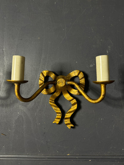 Early 20th Century Louis XVI–Style Wooden & Metal Two-Arm Ribbon Wall Lights (Pair)