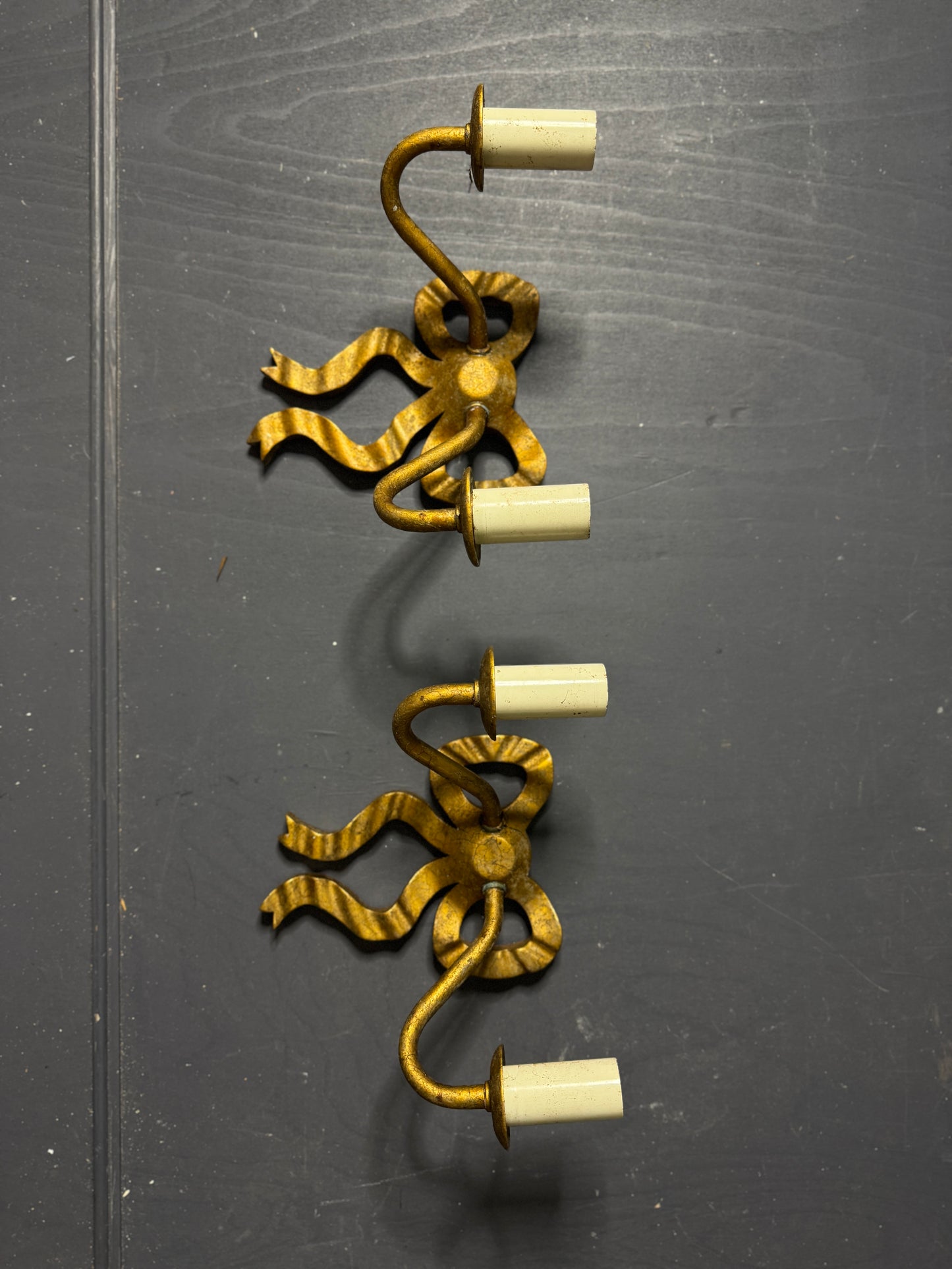 Early 20th Century Louis XVI–Style Wooden & Metal Two-Arm Ribbon Wall Lights (Pair)