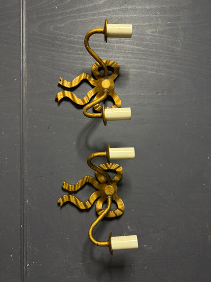 Early 20th Century Louis XVI–Style Wooden & Metal Two-Arm Ribbon Wall Lights (Pair)