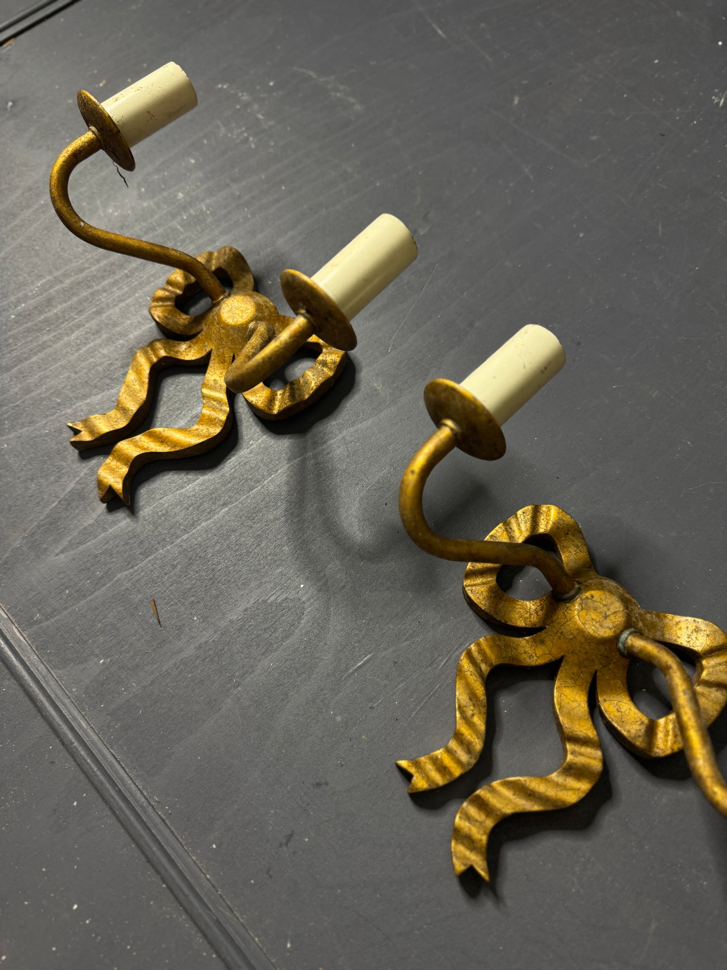 Early 20th Century Louis XVI–Style Wooden & Metal Two-Arm Ribbon Wall Lights (Pair)