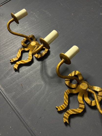 Early 20th Century Louis XVI–Style Wooden & Metal Two-Arm Ribbon Wall Lights (Pair)