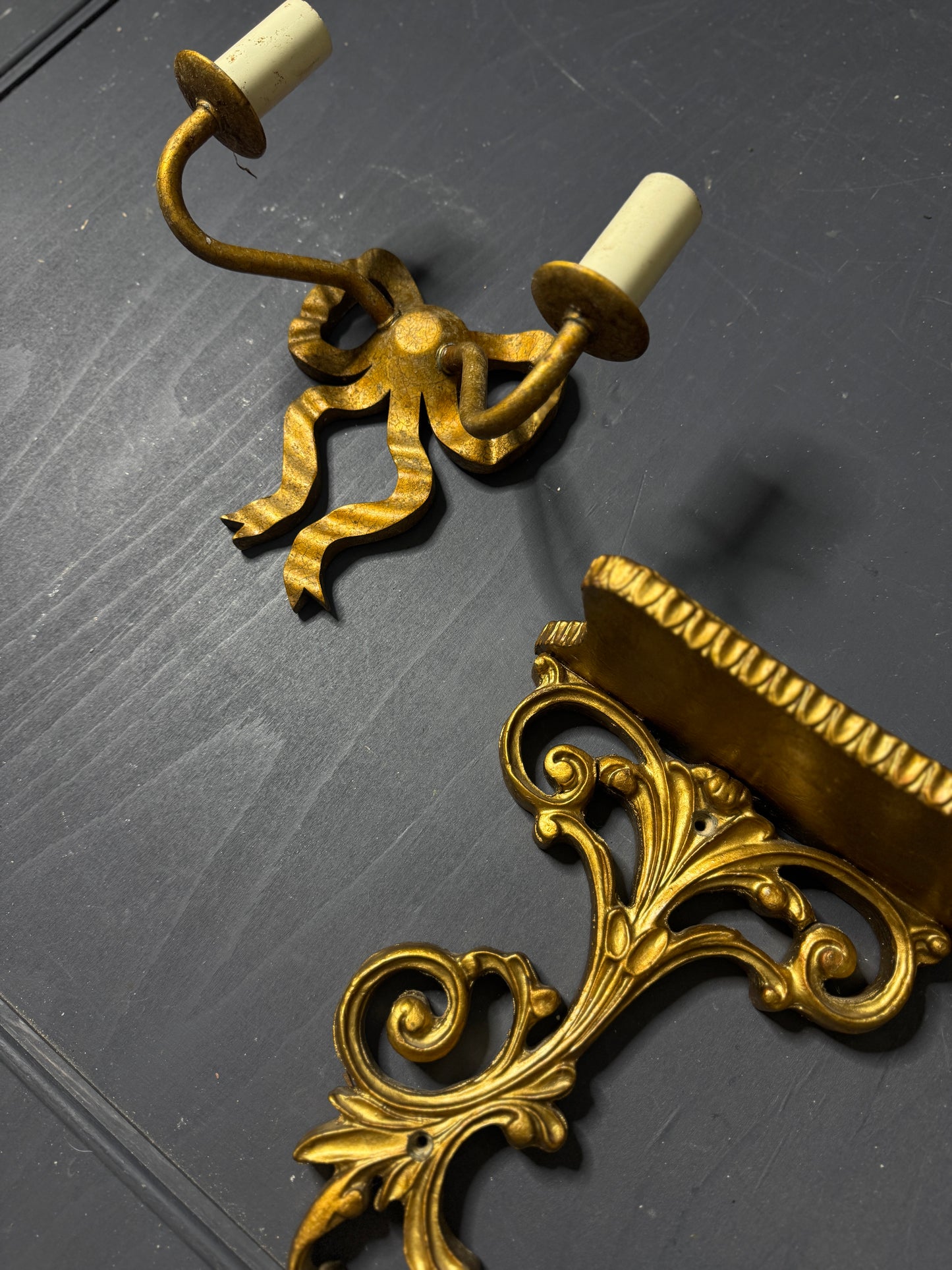 Early 20th Century Louis XVI–Style Wooden & Metal Two-Arm Ribbon Wall Lights (Pair)