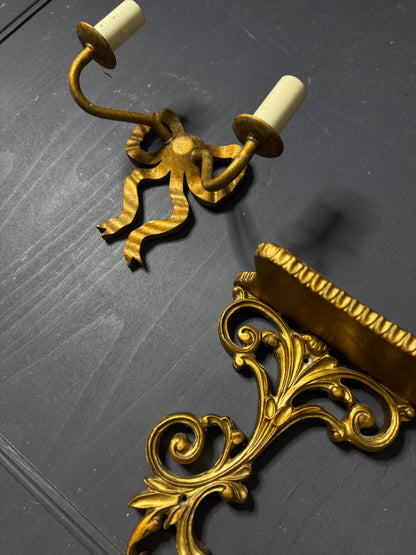 Early 20th Century Louis XVI–Style Wooden & Metal Two-Arm Ribbon Wall Lights (Pair)