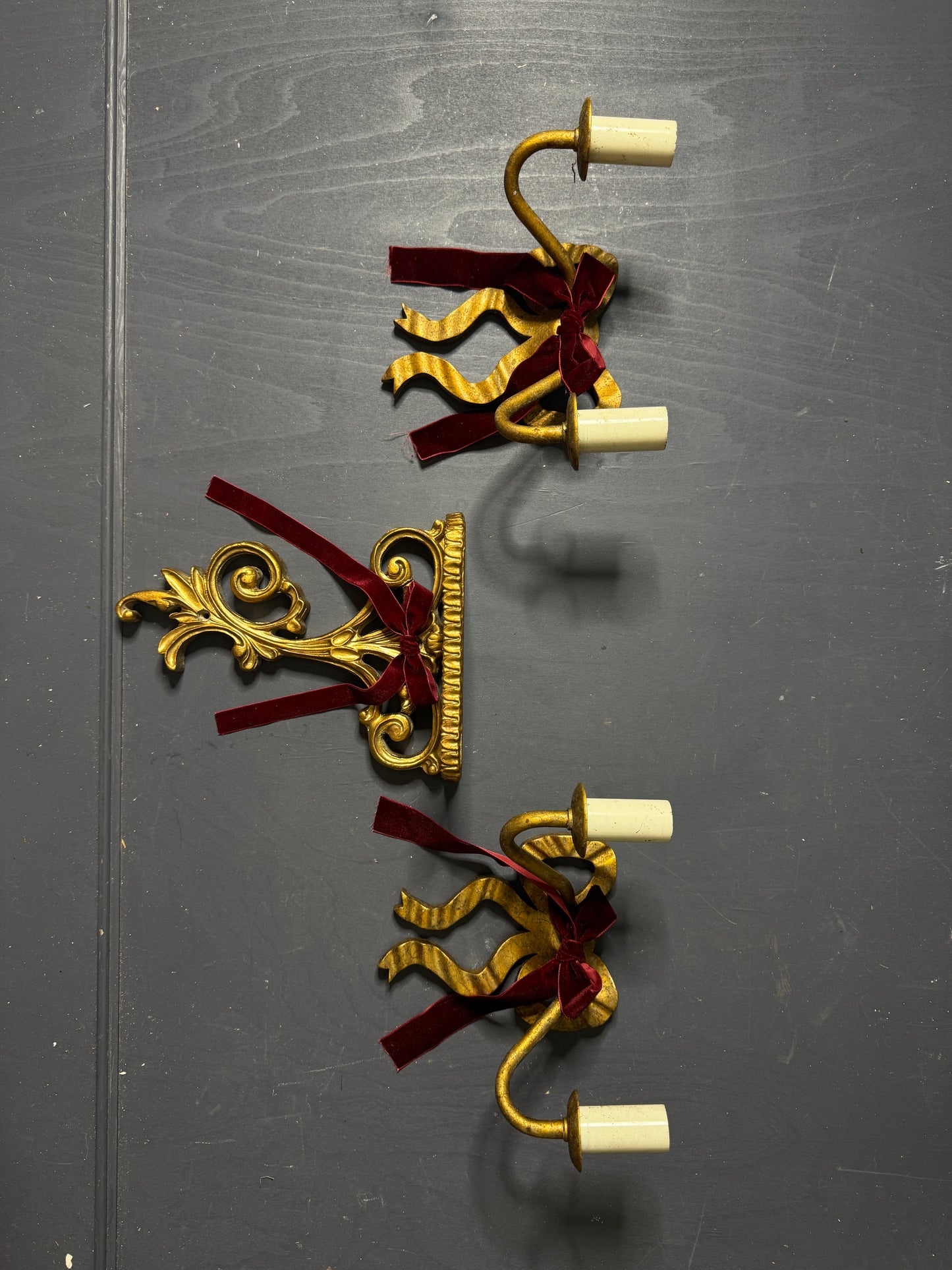 Early 20th Century Louis XVI–Style Wooden & Metal Two-Arm Ribbon Wall Lights (Pair)