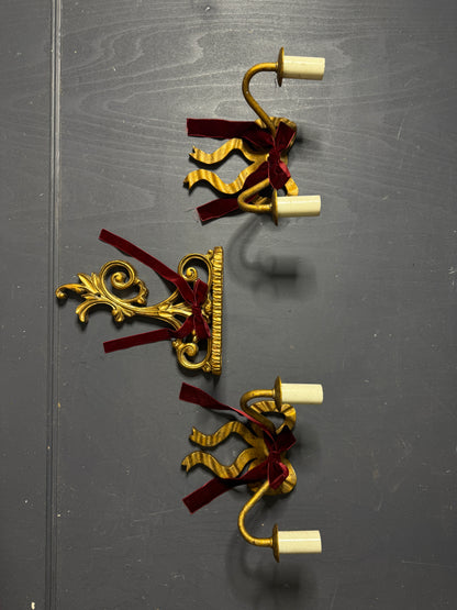 Early 20th Century Louis XVI–Style Wooden & Metal Two-Arm Ribbon Wall Lights (Pair)