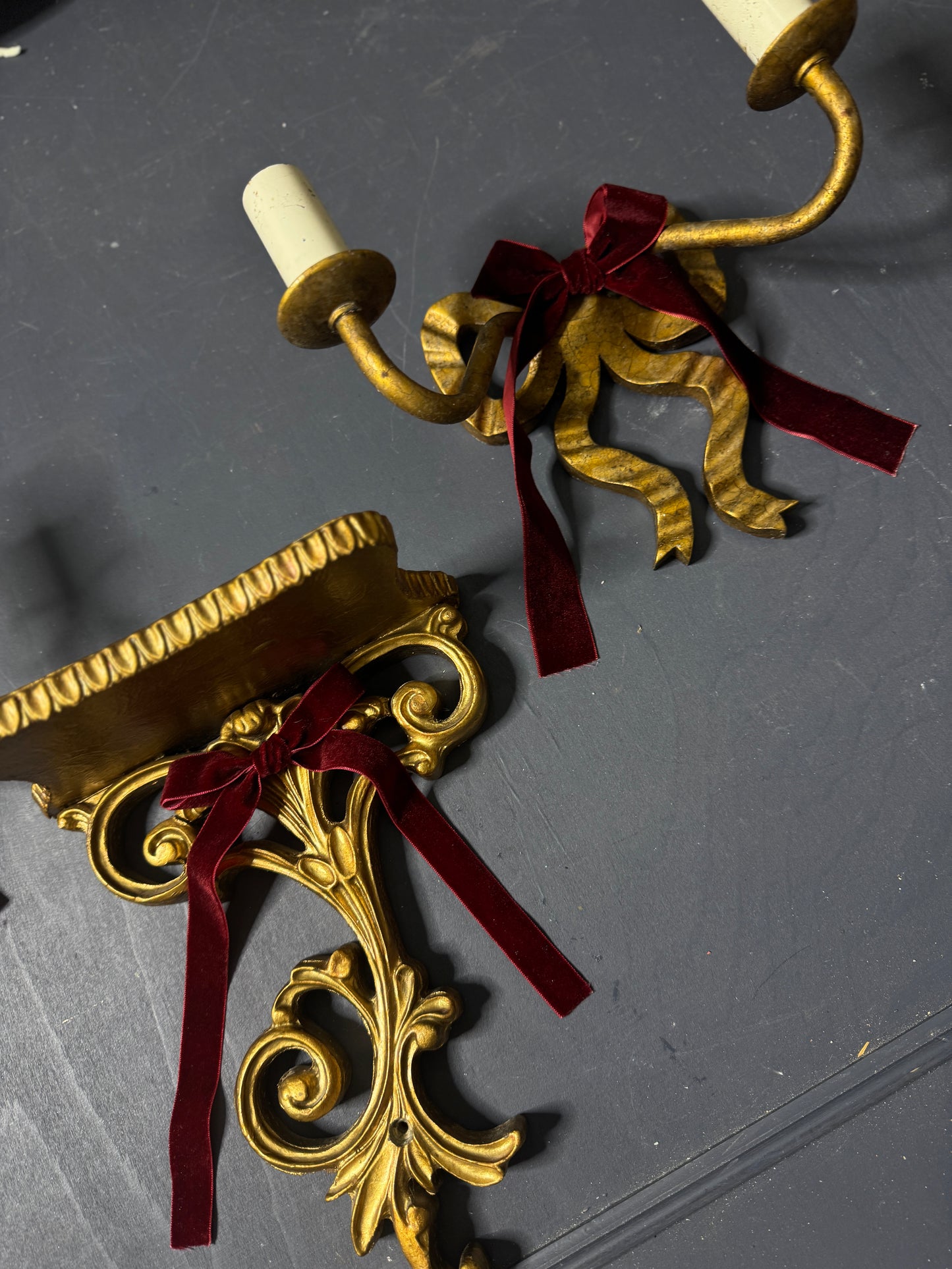 Early 20th Century Louis XVI–Style Wooden & Metal Two-Arm Ribbon Wall Lights (Pair)