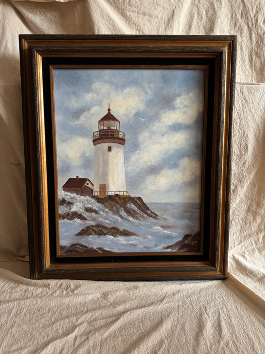 Vintage Lighthouse Oil Painting Signed Mary C, Framed Coastal Seascape Art