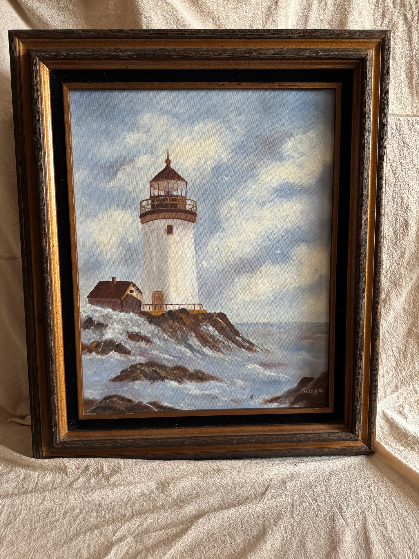 Vintage Lighthouse Oil Painting Signed Mary C, Framed Coastal Seascape Art